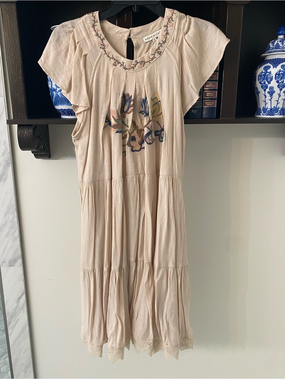Moon River  Cream Embroidered Tiered Midi Dress